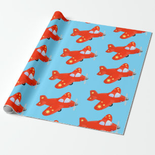 Cute red airplane flying cartoon illustration wrapping paper