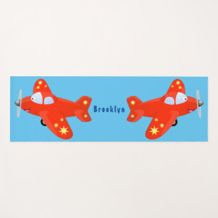 Cute red airplane flying cartoon illustration yoga mat