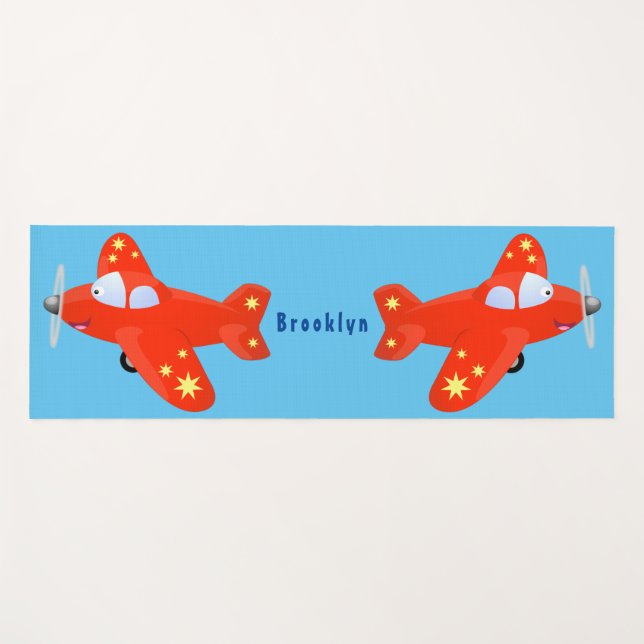 Cute red airplane flying cartoon illustration yoga mat (Front (Horizontal))