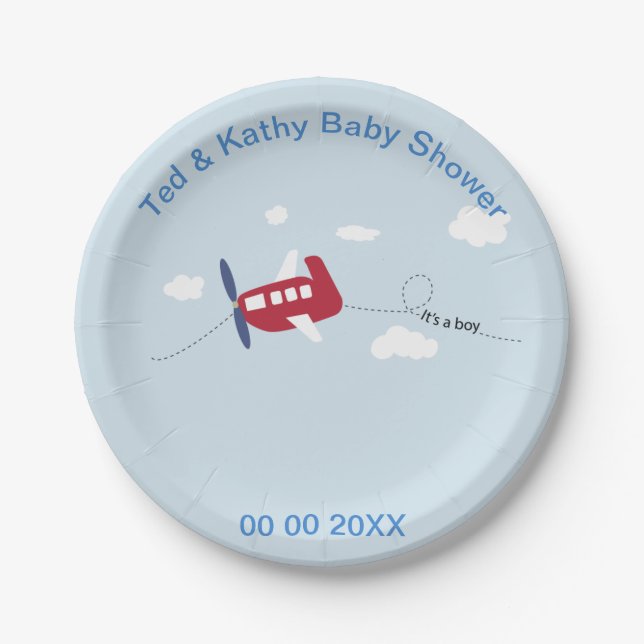 Cute Red Airplane with Blue Propeller Baby Shower Paper Plates (Front)