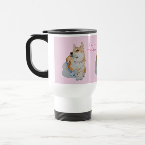 cute red akita with teddy bear picture of dog travel mug