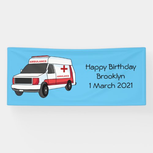 Cute red ambulance van cartoon banner