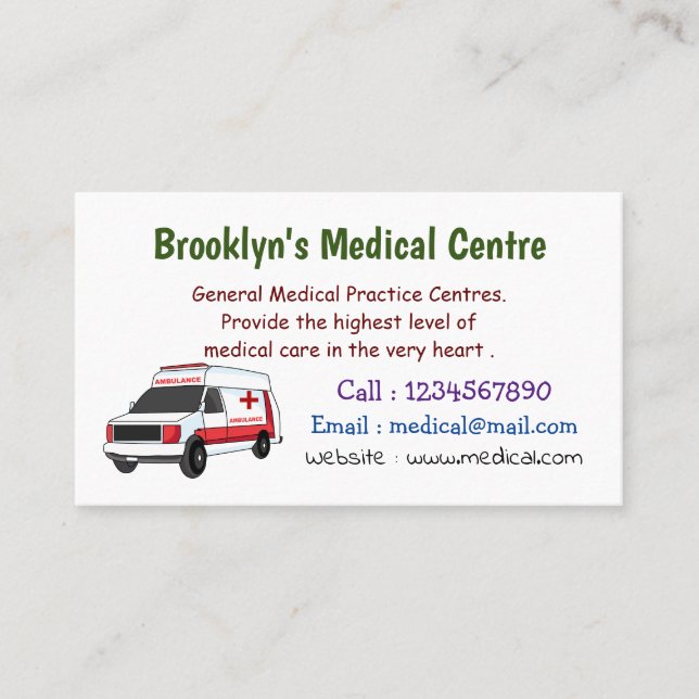 Cute red ambulance van cartoon business card (Front)