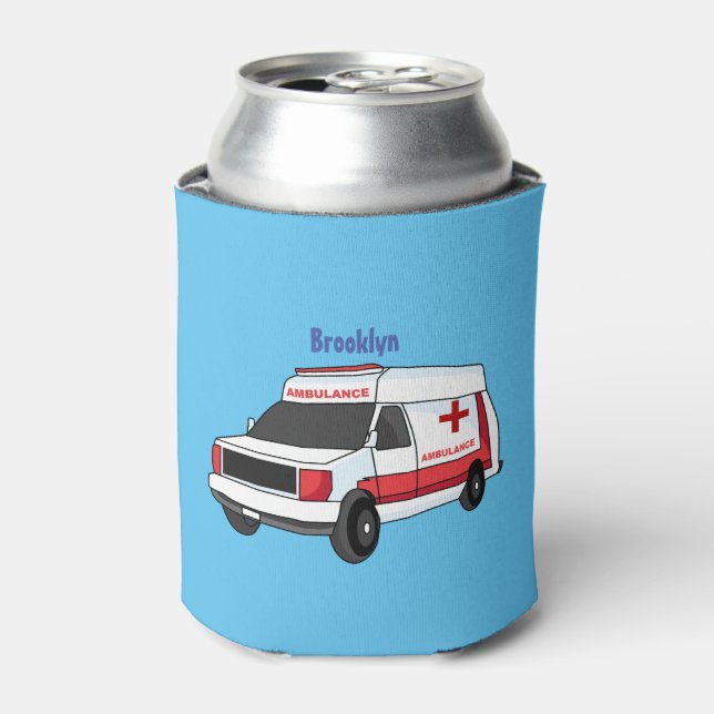 Cute red ambulance van cartoon can cooler (Can Front)