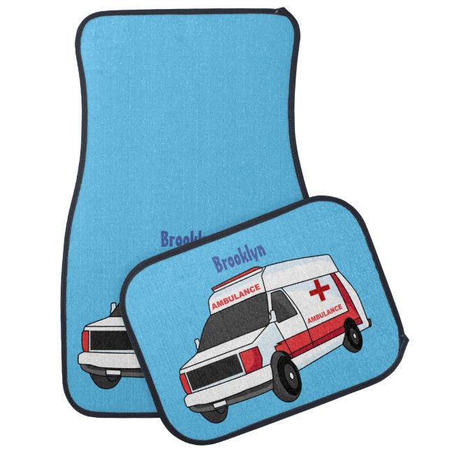 Cute red ambulance van cartoon car floor mat (Set)