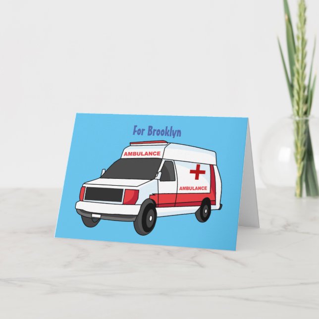 Cute red ambulance van cartoon card (Front)