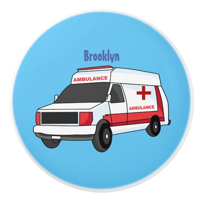 Cute red ambulance van cartoon  ceramic knob (Front)