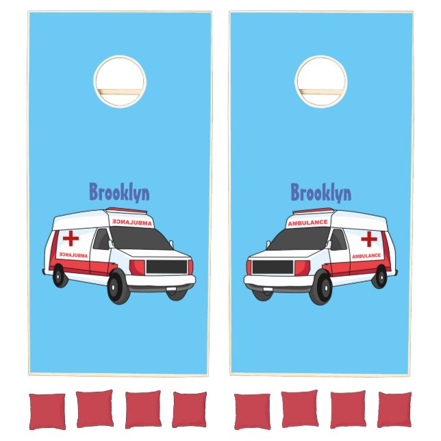 Cute red ambulance van cartoon cornhole set (Set)
