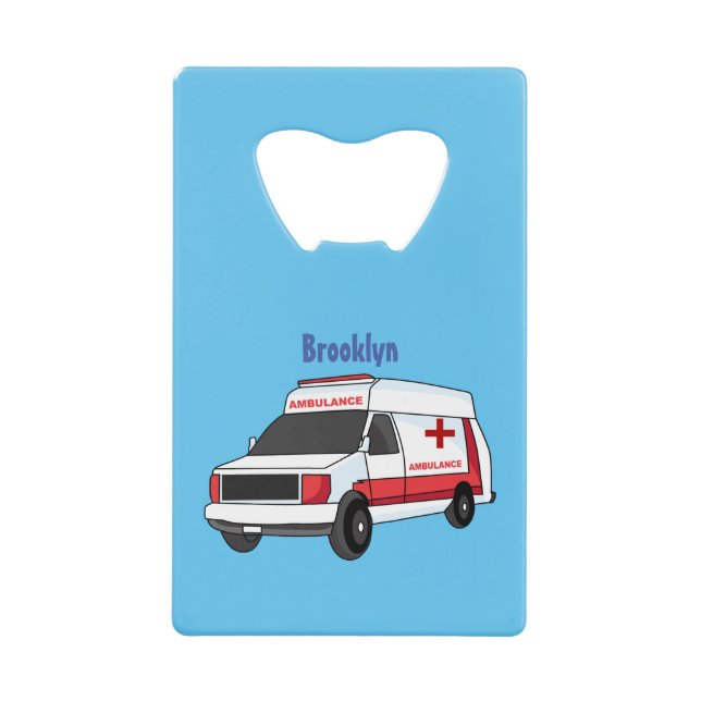 Cute red ambulance van cartoon credit card bottle opener (Front)