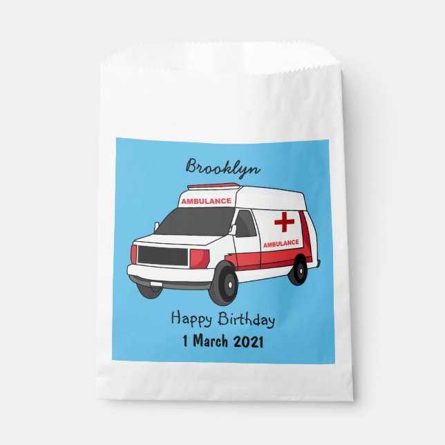 Cute red ambulance van cartoon favor bag (Front)