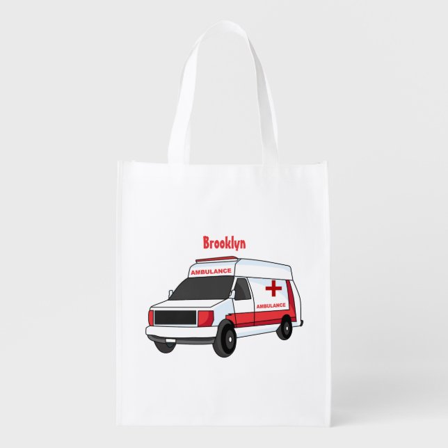 Cute red ambulance van cartoon grocery bag (Front)