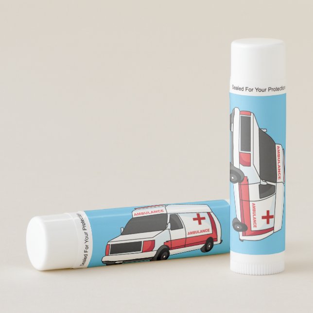 Cute red ambulance van cartoon lip balm (Front)