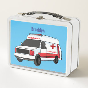 Cute red ambulance van cartoon metal lunch box