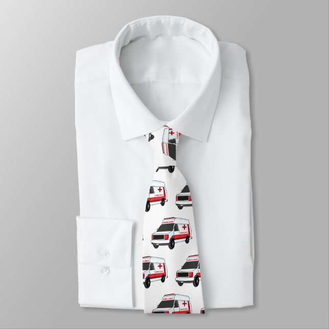 Cute red ambulance van cartoon neck tie (Tied)