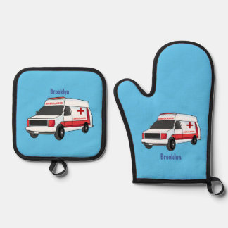 Cute red ambulance van cartoon oven mitt & pot holder set