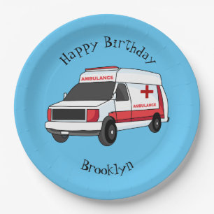 Cute red ambulance van cartoon paper plates