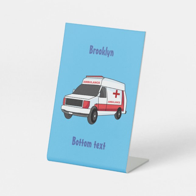 Cute red ambulance van cartoon pedestal sign (Front)