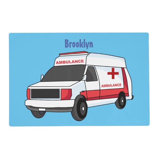 Cute red ambulance van cartoon placemat (Front)