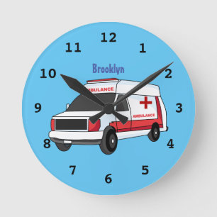 Cute red ambulance van cartoon round clock