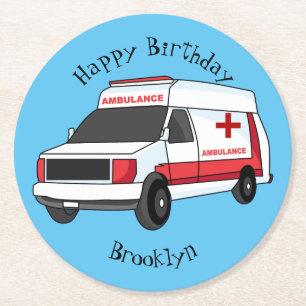Cute red ambulance van cartoon round paper coaster