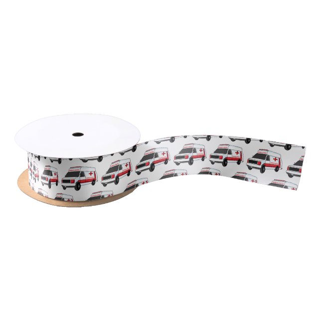 Cute red ambulance van cartoon satin ribbon (Spool)