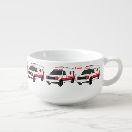 Cute red ambulance van cartoon soup mug