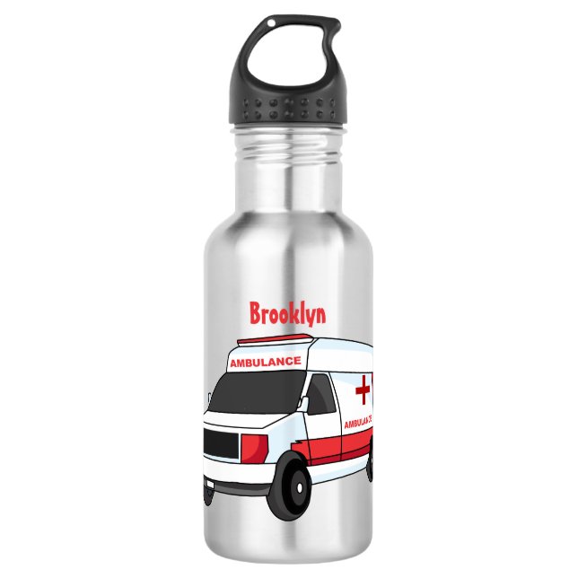 Cute red ambulance van cartoon stainless steel water bottle (Front)