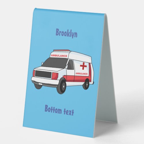 Cute red ambulance van cartoon table tent sign