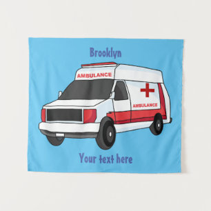 Cute red ambulance van cartoon tapestry