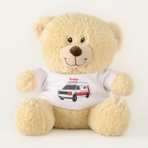 Cute red ambulance van cartoon teddy bear
