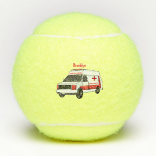Cute red ambulance van cartoon tennis balls