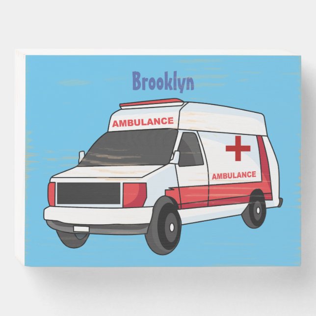 Cute red ambulance van cartoon  wooden box sign (Front Horizontal)