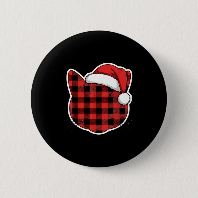 Cute Red And Black Buffalo Plaid Cat Christmas San Button (Front)