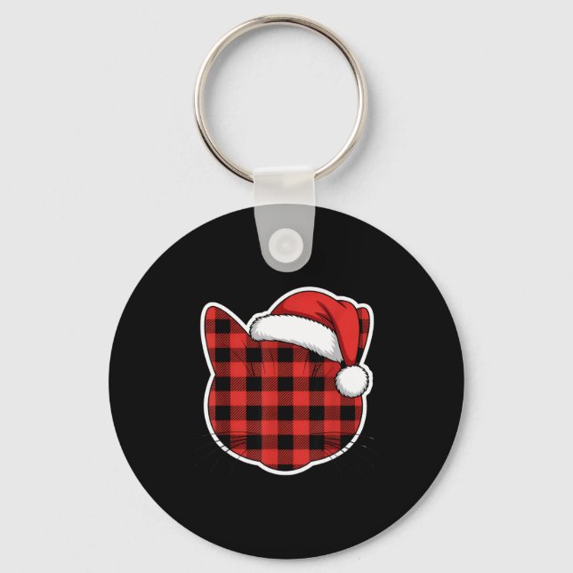 Cute Red And Black Buffalo Plaid Cat Christmas San Keychain (Front)
