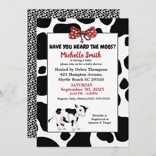 Cute Red and Black Cow Print Baby Shower   Invitation