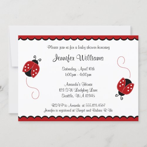 Cute Red and Black Ladybugs Baby Shower Personalized Invitation