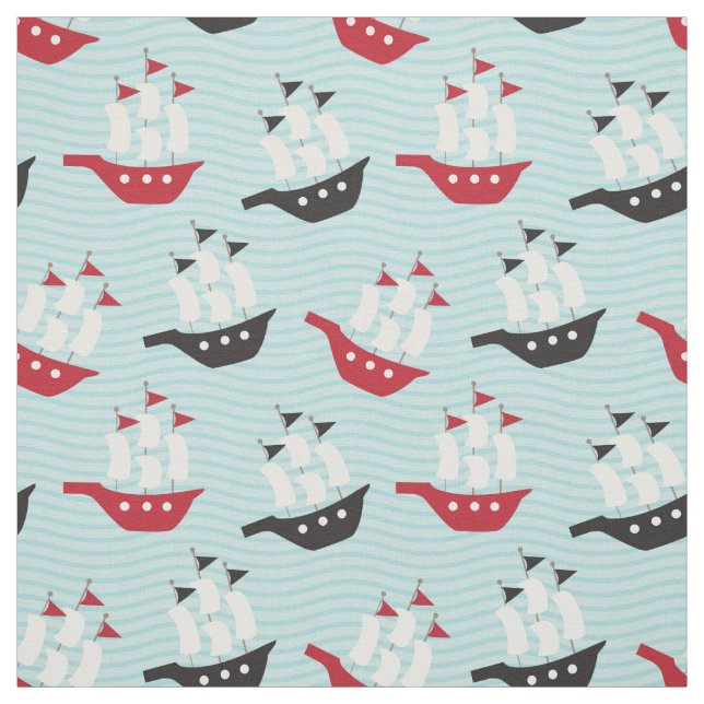 Cute Red and Black Pirate Ship Fabric (Swatch)