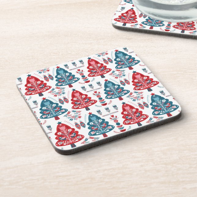 Cute Red and Blue Christmas Tree Nordic Pattern Beverage Coaster (Left Side)