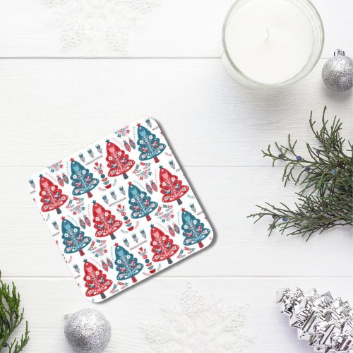 Cute Red and Blue Christmas Tree Nordic Pattern Beverage Coaster