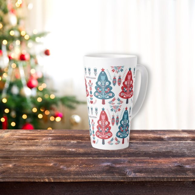 Cute Red and Blue Christmas Tree Nordic Pattern Latte Mug (Creator Uploaded)