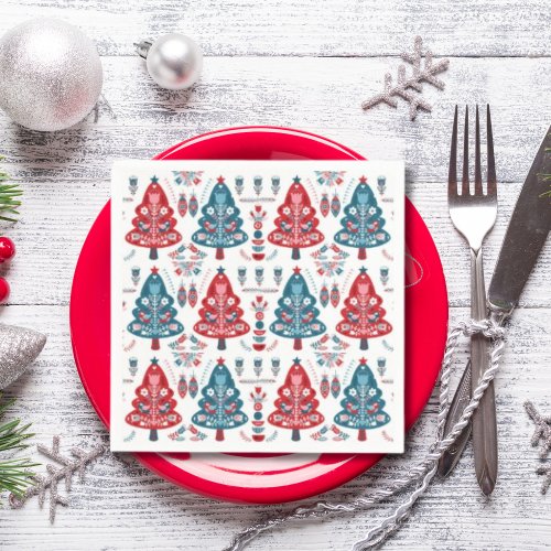 Cute Red and Blue Christmas Tree Nordic Pattern Napkins