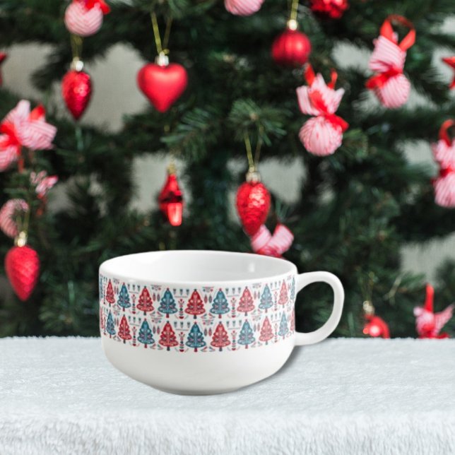 Cute Red and Blue Christmas Tree Nordic Pattern Soup Mug (Creator Uploaded)