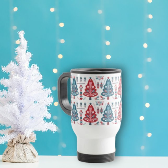 Cute Red and Blue Christmas Tree Nordic Pattern Travel Mug (Creator Uploaded)