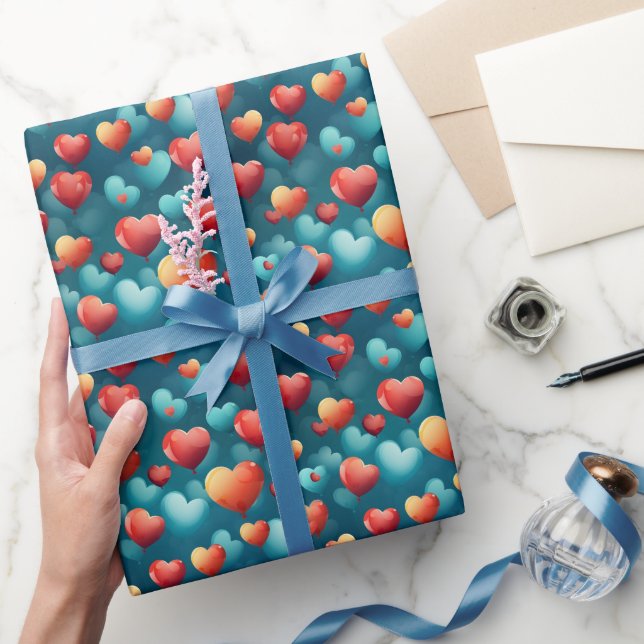 Cute Red and Blue Heart Balloons Wrapping Paper (Gifting)