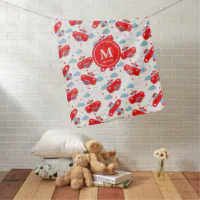 Cute Red and Blue Planes and Clouds Kids Monogram Sherpa Blanket