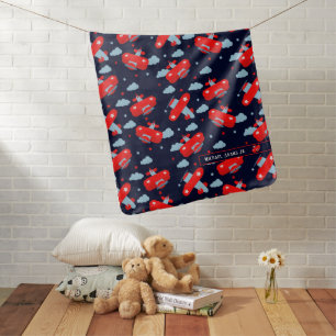 Cute Red and Blue Planes and Clouds Kids Monogram  Baby Blanket