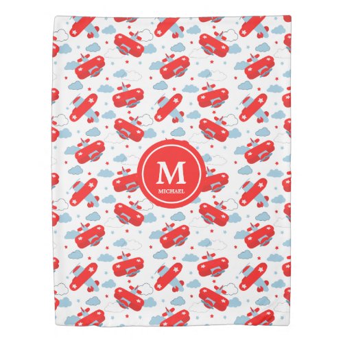 Cute Red and Blue Planes and Clouds Kids Monogram Duvet Cover