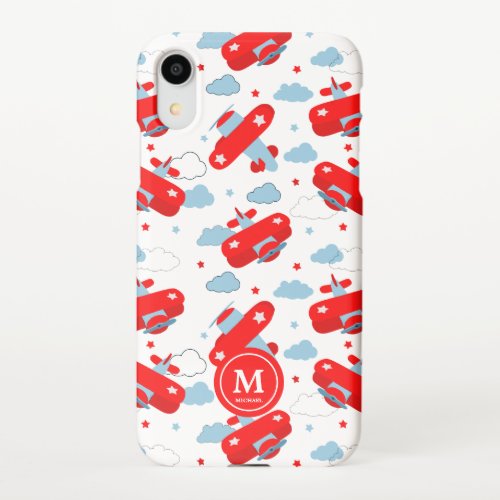 Cute Red and Blue Planes and Clouds Kids Monogram iPhone XR Case