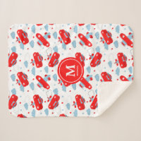 Cute Red and Blue Planes and Clouds Kids Monogram Sherpa Blanket