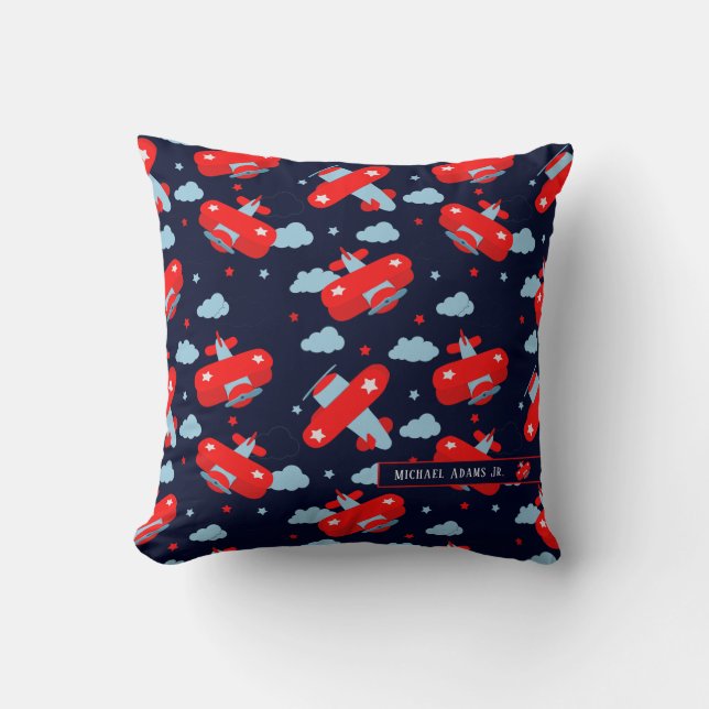 Cute Red and Blue Planes and Clouds Kids Monogram  Throw Pillow (Front)